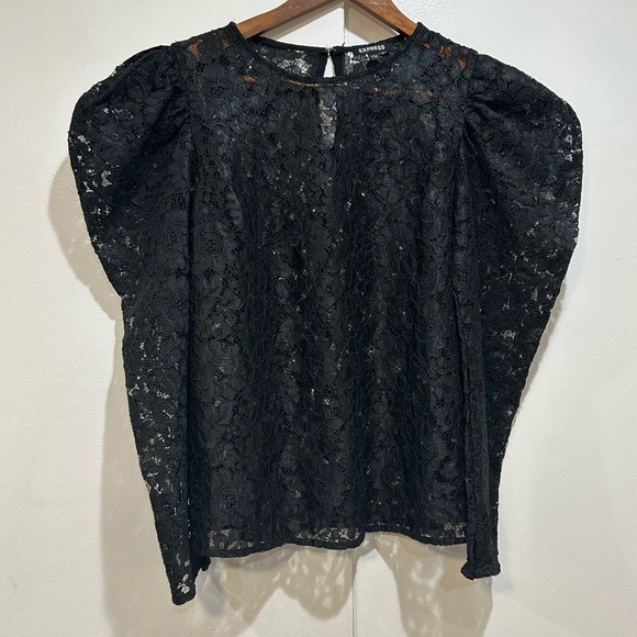 Express Black Lace Puffed Sleeve Blouse - Picture 1 of 2
